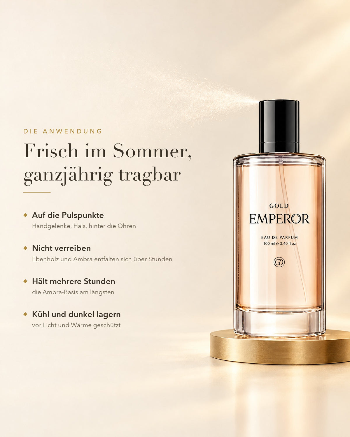 Anwendung von GOLD Emperor Eau de Parfum: auf die Pulspunkte sprühen, nicht verreiben
