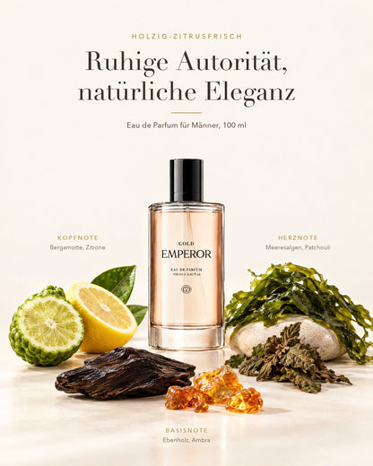 Duftnoten von GOLD Emperor: Bergamotte und Zitrone, Meeresalgen und Patchouli, Ebenholz und Ambra