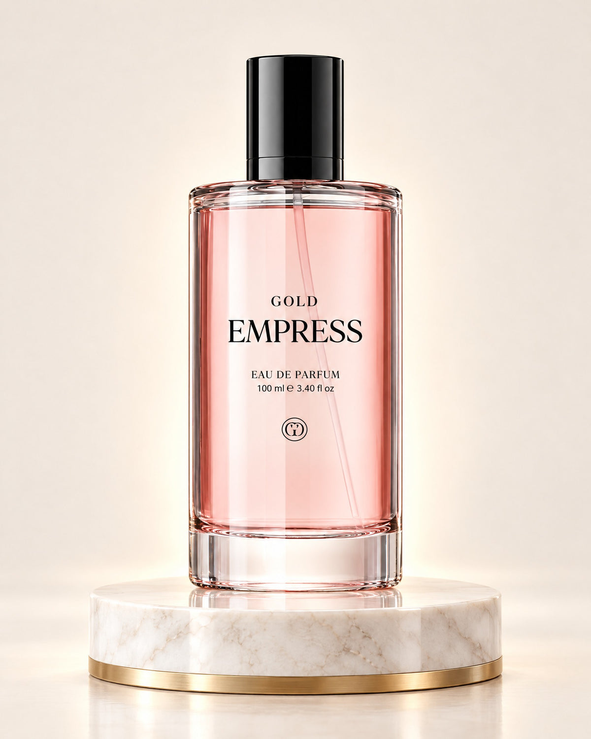 GOLD Empress Eau de Parfum 100 ml, rosafarbener Flakon mit schwarzer Kappe auf Marmorpodest mit Goldrand