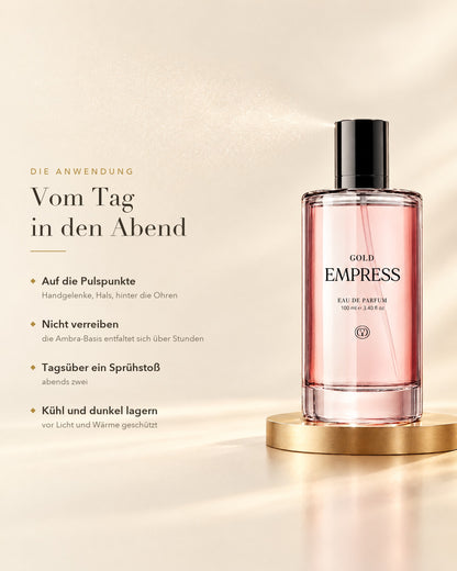 Anwendung von GOLD Empress Eau de Parfum: auf die Pulspunkte sprühen, tagsüber ein Sprühstoß, abends zwei