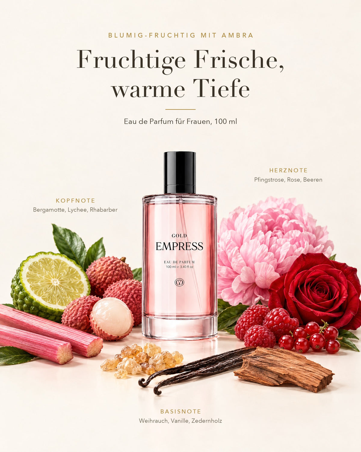 Duftnoten von GOLD Empress: Bergamotte, Lychee und Rhabarber, Pfingstrose und Rose, Weihrauch und Vanille