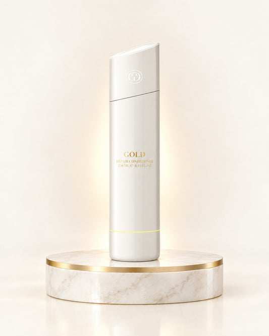 GOLD Haircare Repair Conditioner 250 ml auf weißem Marmorpodest mit Goldrand
