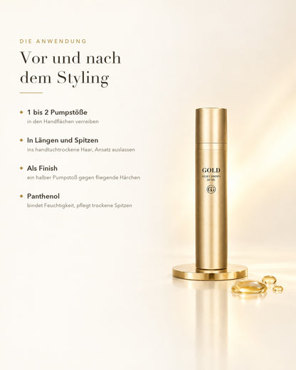 Anwendung der GOLD Silky Drops: 1 bis 2 Pumpstöße in Längen und Spitzen, als Finish gegen Frizz