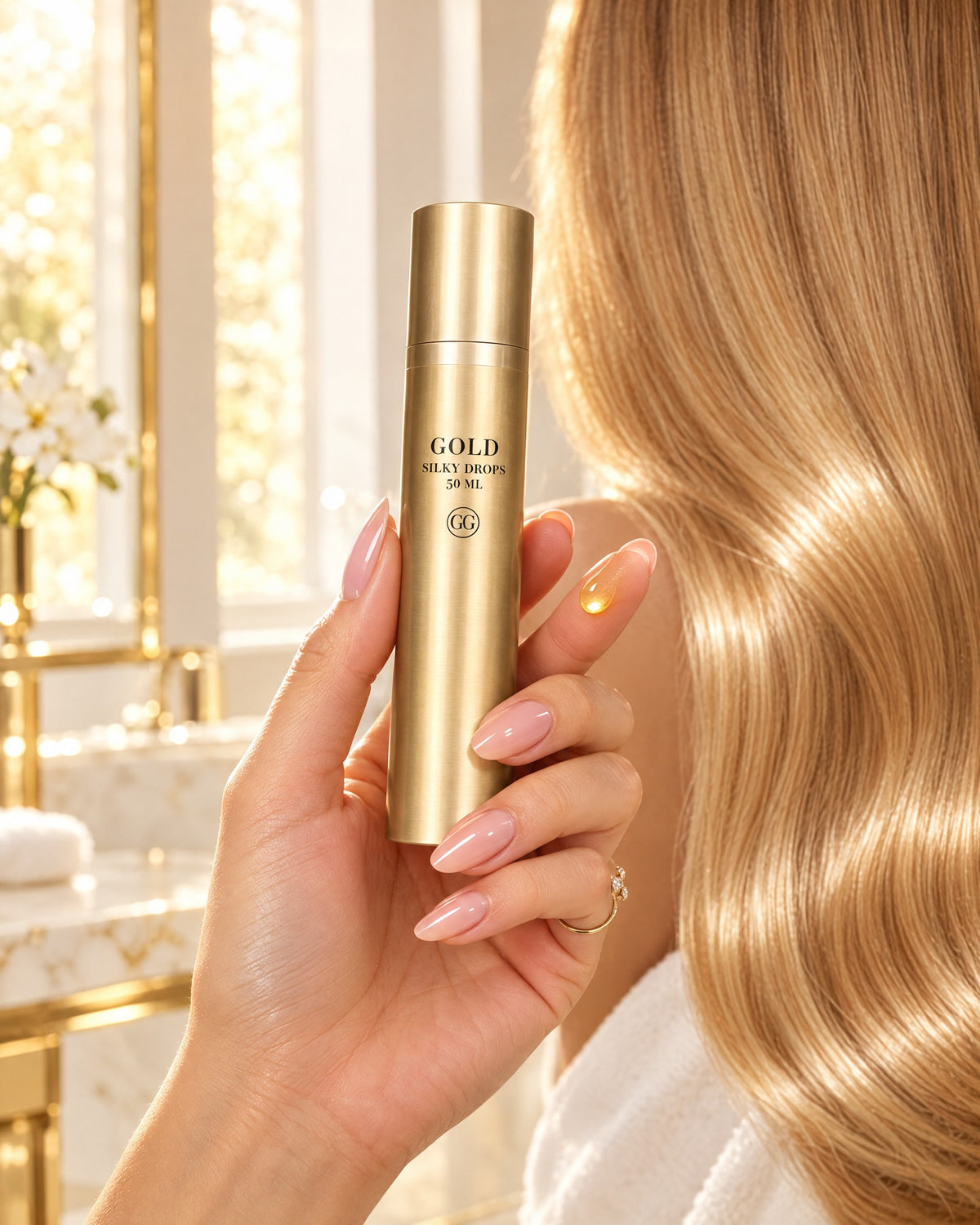 Hand hält GOLD Silky Drops mit einem Tropfen Serum vor langem, glänzendem, blondem Haar