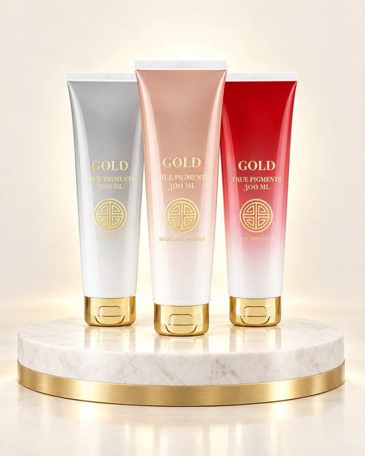 GOLD True Pigments 300 ml in Silver Star, Rosegold Shimmer und Red Obsession auf Marmorpodest