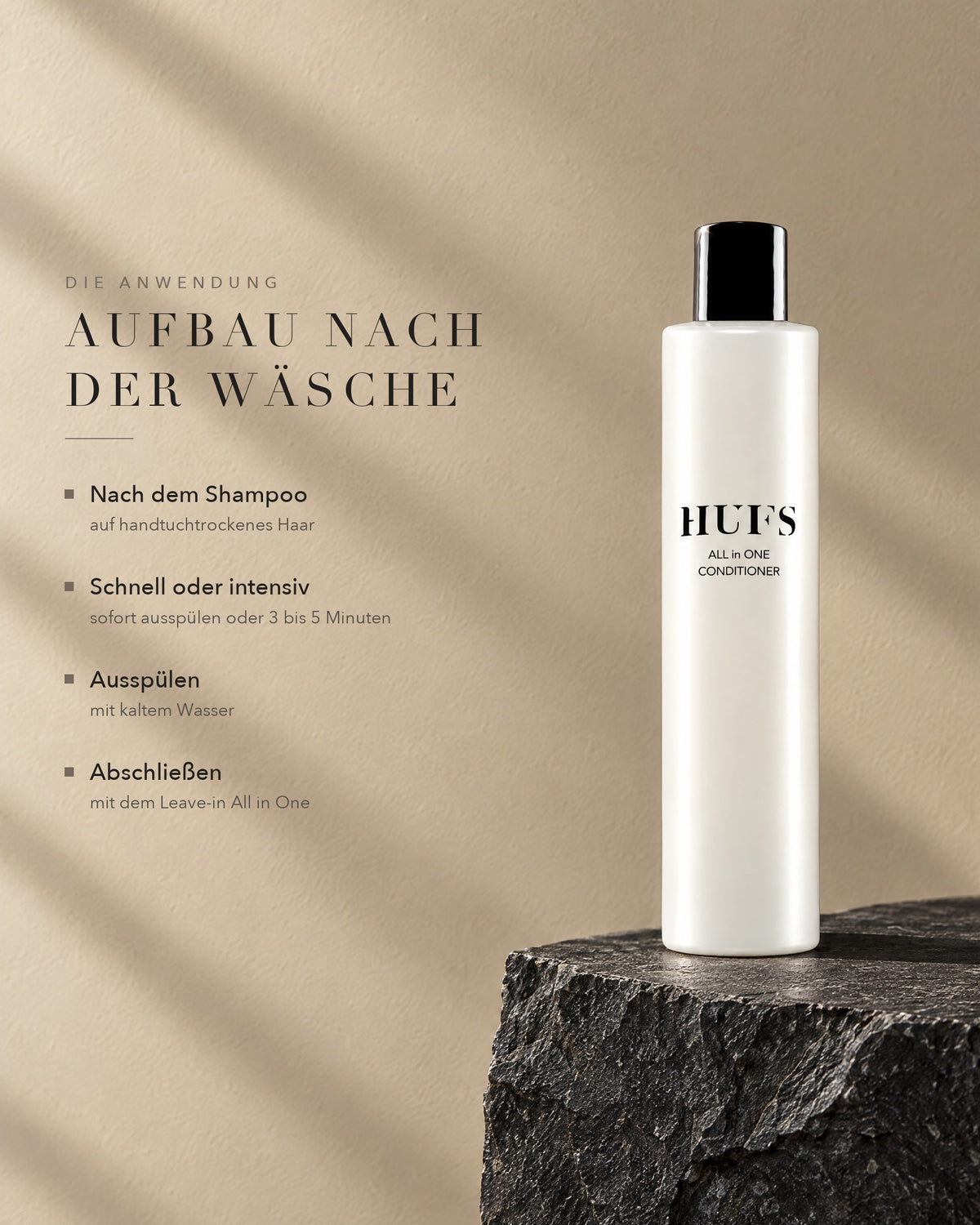 Anwendung des HUFS All in One Conditioner: sofort ausspülen oder 3 bis 5 Minuten einwirken lassen