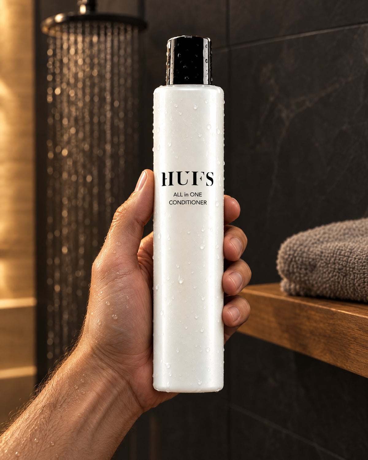 Männerhand hält HUFS All in One Conditioner in weißer Flasche in einem dunklen Badezimmer