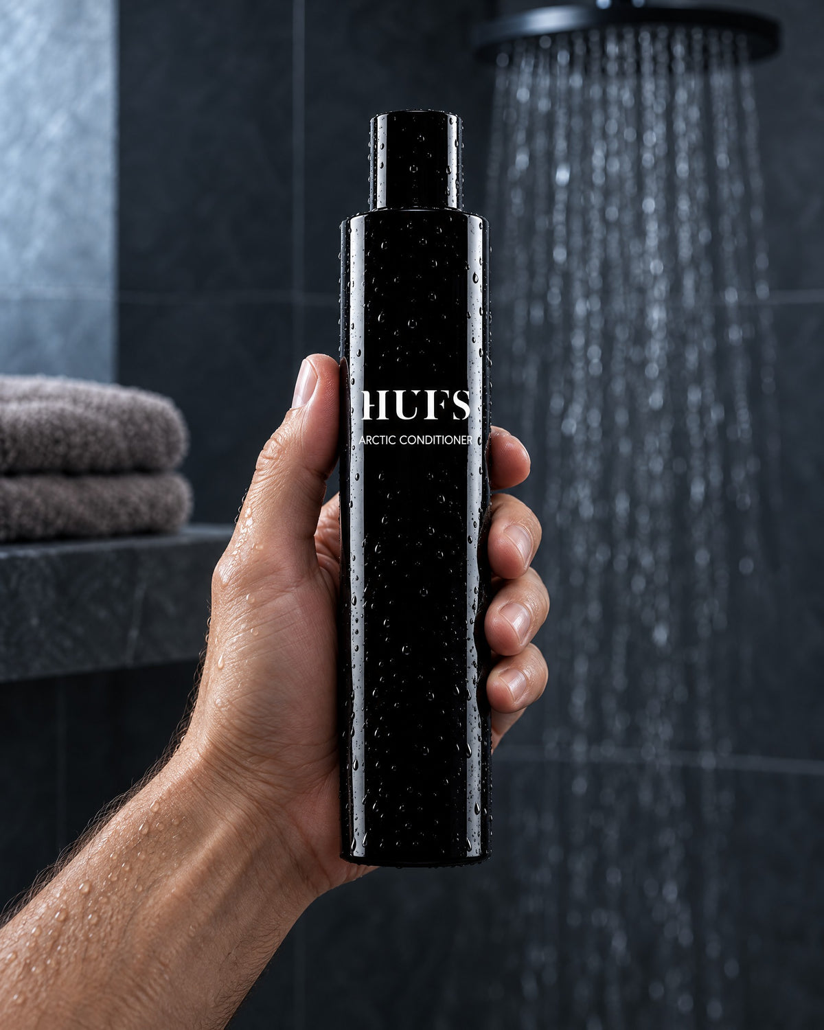 Männerhand hält nassen HUFS Arctic Conditioner in einer dunklen Schiefer-Dusche mit Regendusche