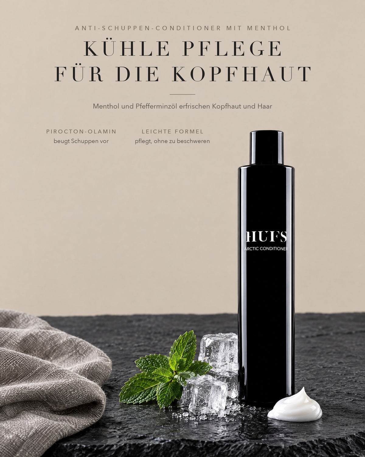 HUFS Arctic Conditioner mit Menthol, Pfefferminzöl und Pirocton-Olamin: kühlt die Kopfhaut, beugt Schuppen vor