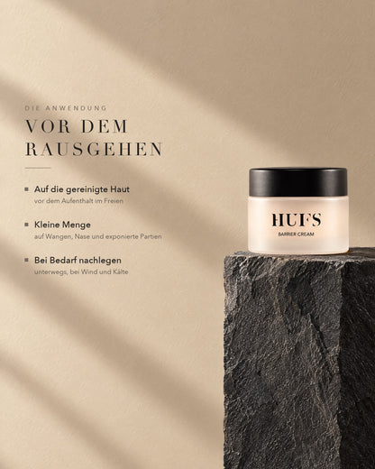 Anwendung der HUFS Barrier Cream: vor dem Rausgehen auf Wangen, Nase und exponierte Partien auftragen