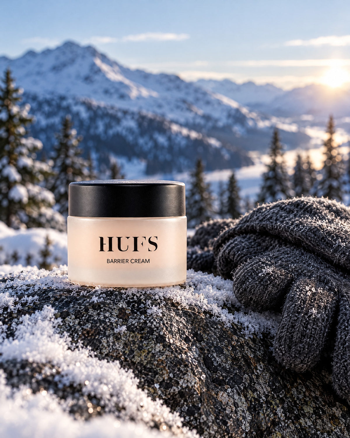 HUFS Barrier Cream auf verschneitem Felsen in den Bergen neben grauen Strickhandschuhen