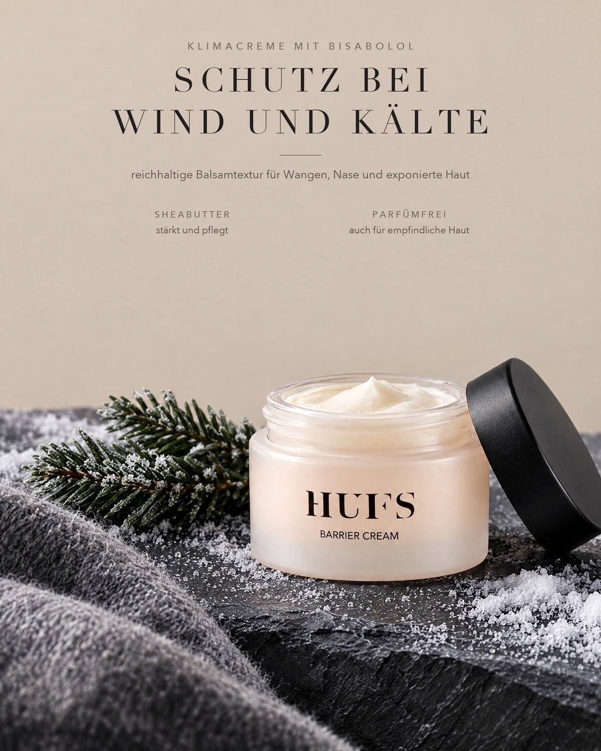 HUFS Barrier Cream als Schutz bei Wind und Kälte: Sheabutter, Bisabolol, parfümfrei, Balsamtextur