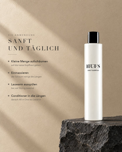 Anwendung des HUFS Daily Shampoo: kleine Menge aufschäumen, einmassieren, lauwarm ausspülen