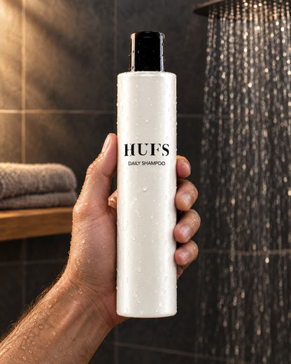 Männerhand hält nasses HUFS Daily Shampoo in weißer Flasche in einer dunklen Schiefer-Dusche