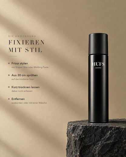 Anwendung des HUFS Hairspray: nach dem Styling aus 30 cm aufs trockene Haar sprühen, trocknen lassen