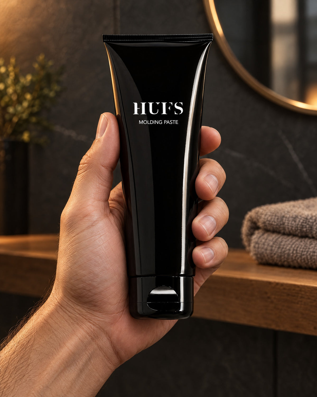 Männerhand hält HUFS Molding Paste Tube in einem dunklen Badezimmer mit rundem Spiegel