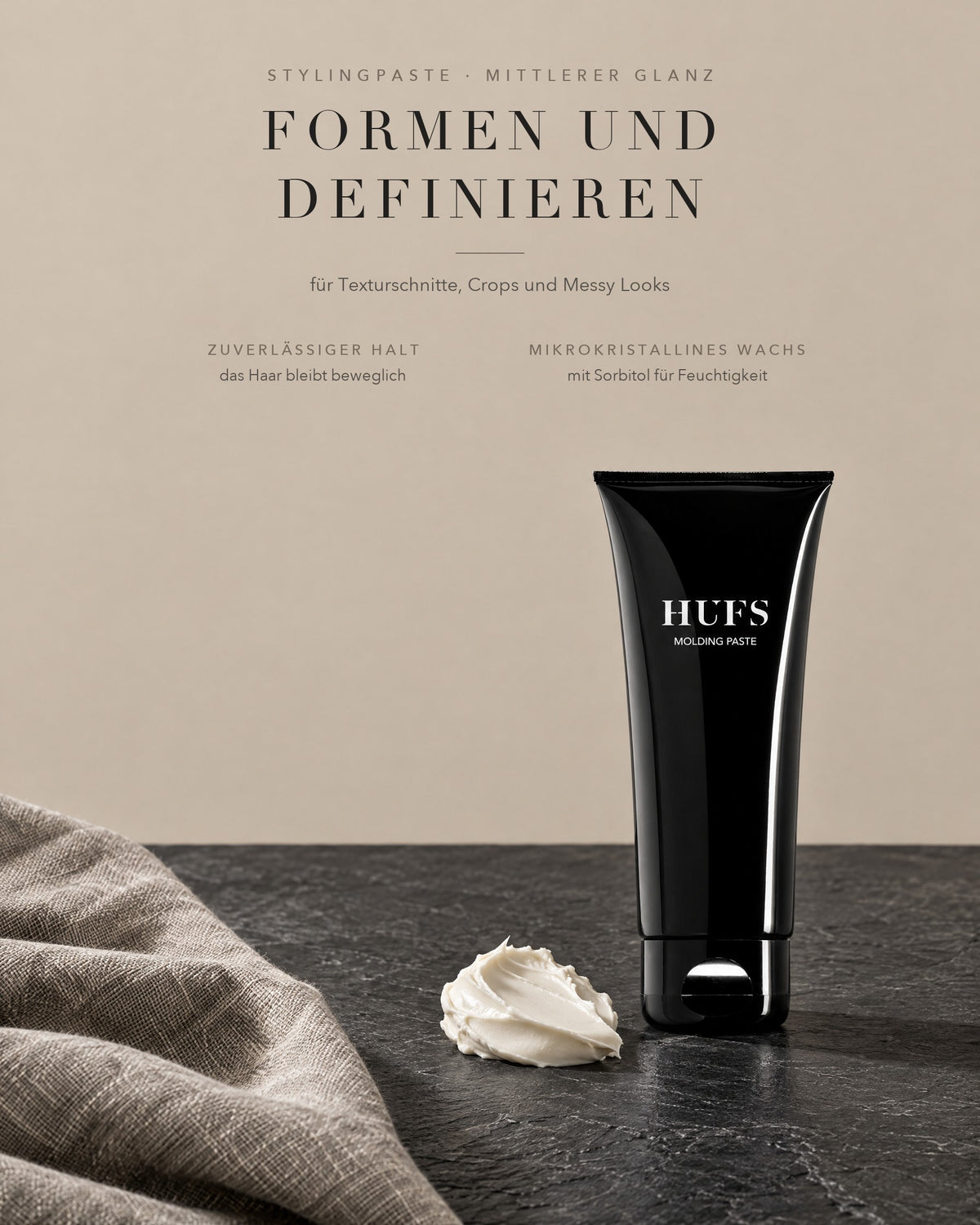 HUFS Molding Paste zum Formen und Definieren: zuverlässiger Halt, mittlerer Glanz, Haar bleibt beweglich