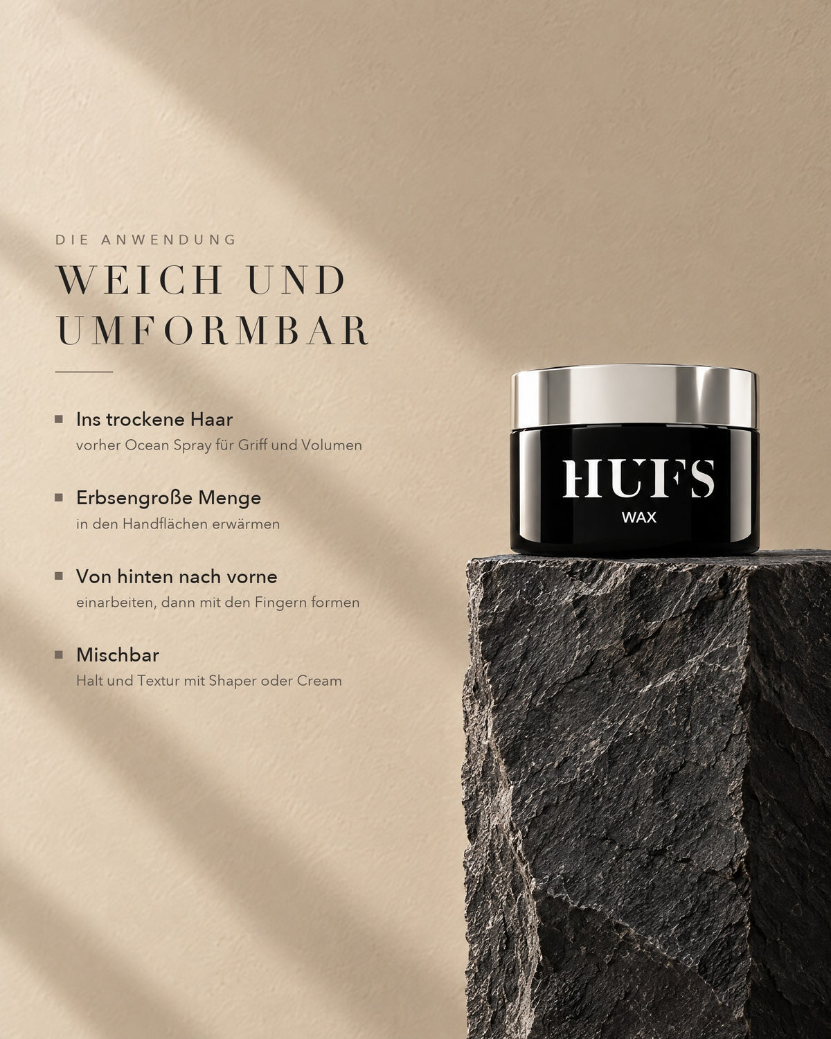 Anwendung des HUFS Wax: erbsengroße Menge erwärmen, ins trockene Haar einarbeiten und mit den Fingern formen