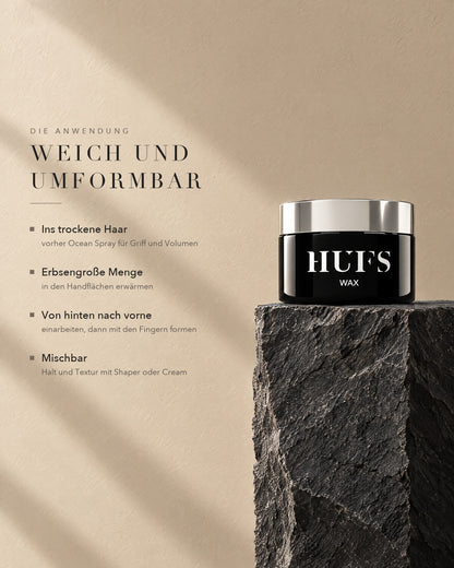 Anwendung des HUFS Wax: erbsengroße Menge erwärmen, ins trockene Haar einarbeiten und mit den Fingern formen