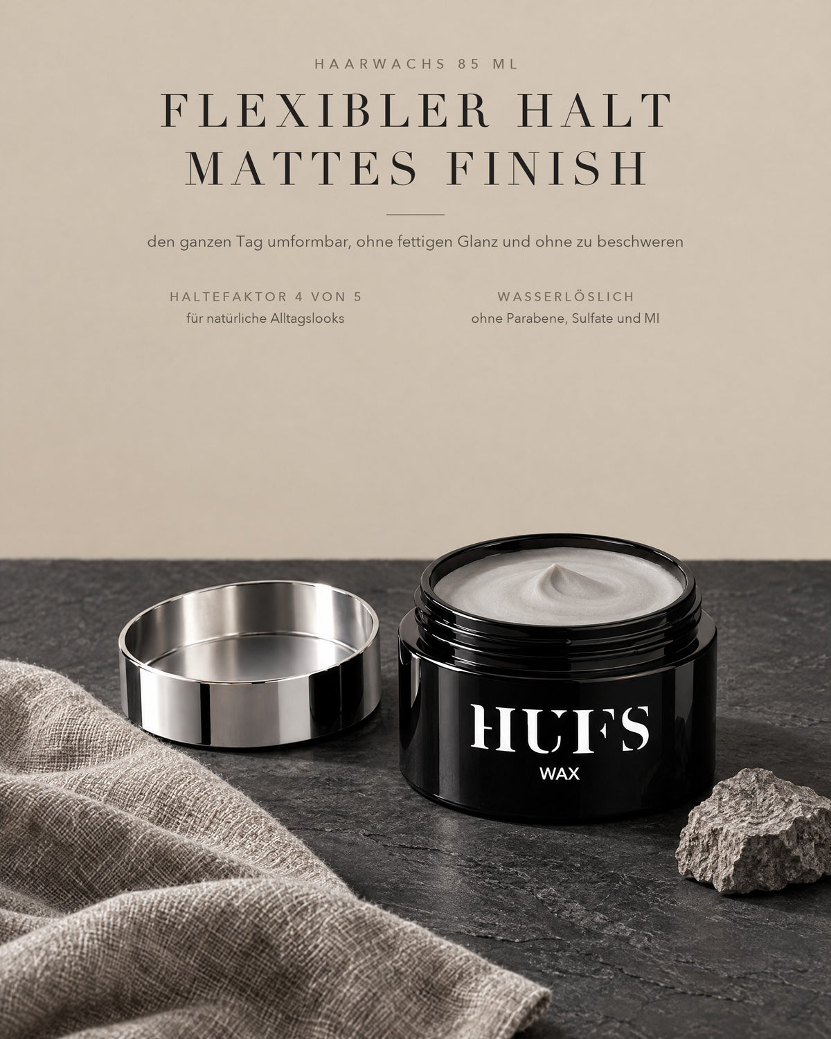 HUFS Wax mit Haltefaktor 4 von 5: flexibler Halt, mattes Finish, wasserlöslich, ohne Parabene und Sulfate